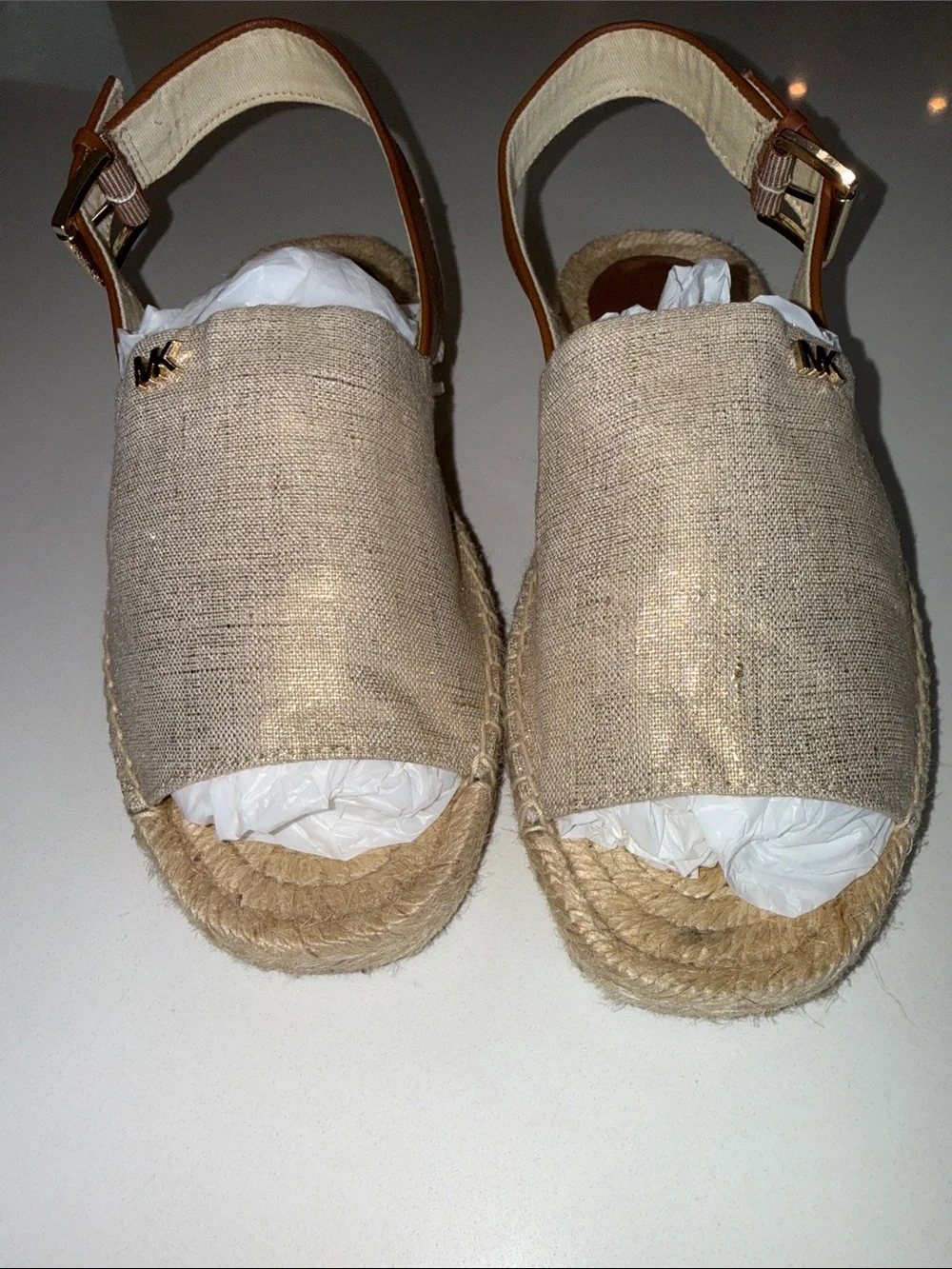 MICHAEL Michael Kors Fisher Metallic Gold Linen Espadrille Sandals | Size 6.5
